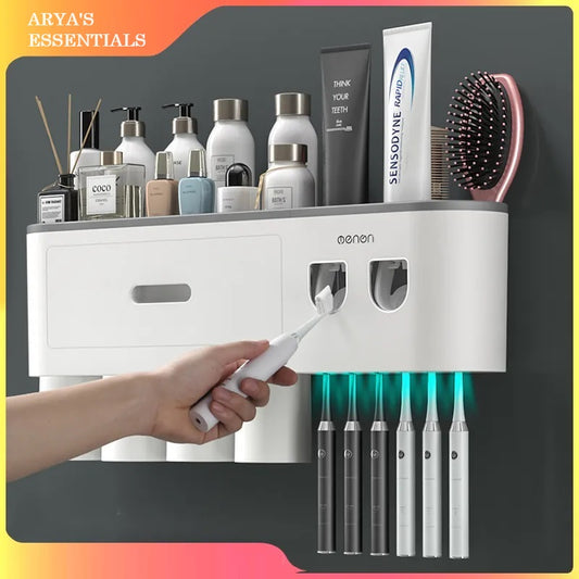 Wall Mounted Automatic Toothpaste Dispenser and Tooth Brush Holder