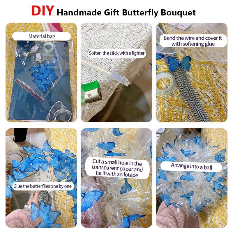 Diy Butterfly Bouquets Handmade Butterfly Flower Material Package Bouquet with Light String Wedding Decor Gift for Girlfriend