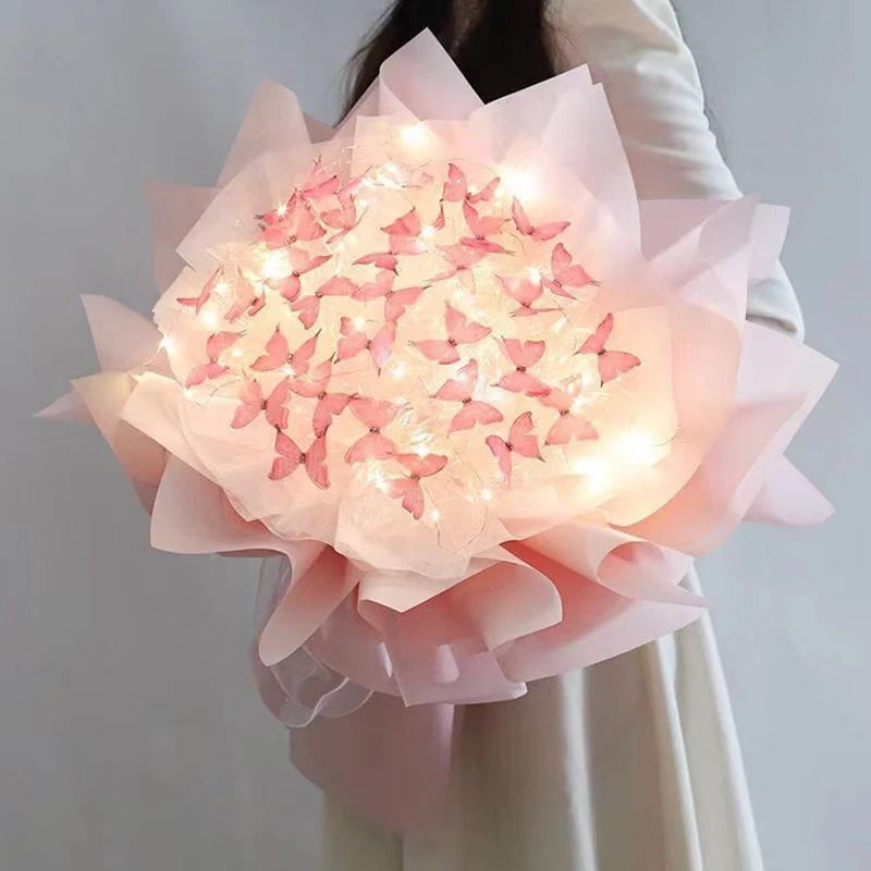 Diy Butterfly Bouquets Handmade Butterfly Flower Material Package Bouquet with Light String Wedding Decor Gift for Girlfriend